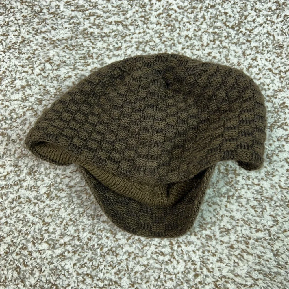 Adidas Mens Hat Beanie Knit Brown Check Lined Trefoil Logo One Size Winter Y2K